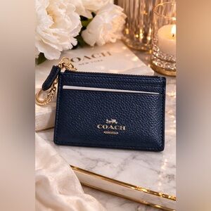 Coach Navy Monogrammed Textured Leather Card Case Keychain NWT